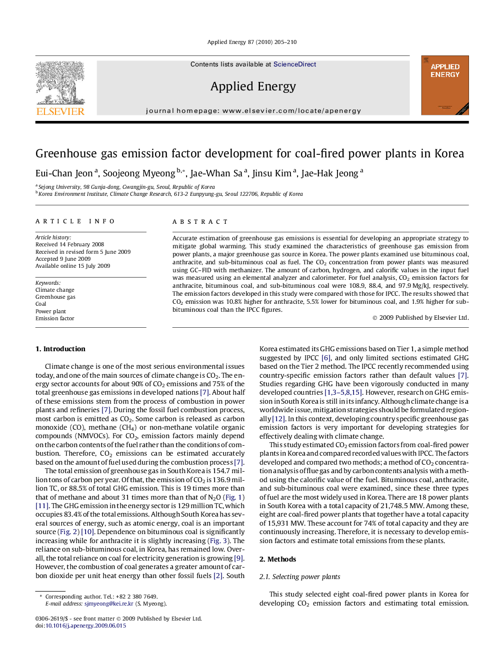 Greenhouse gas emission factor development for coal-fired power plants in Korea