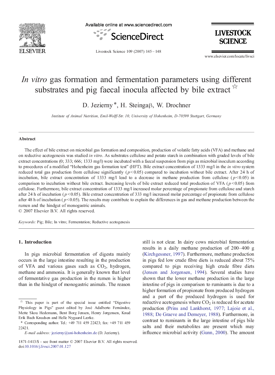 In vitro gas formation and fermentation parameters using different substrates and pig faecal inocula affected by bile extract 