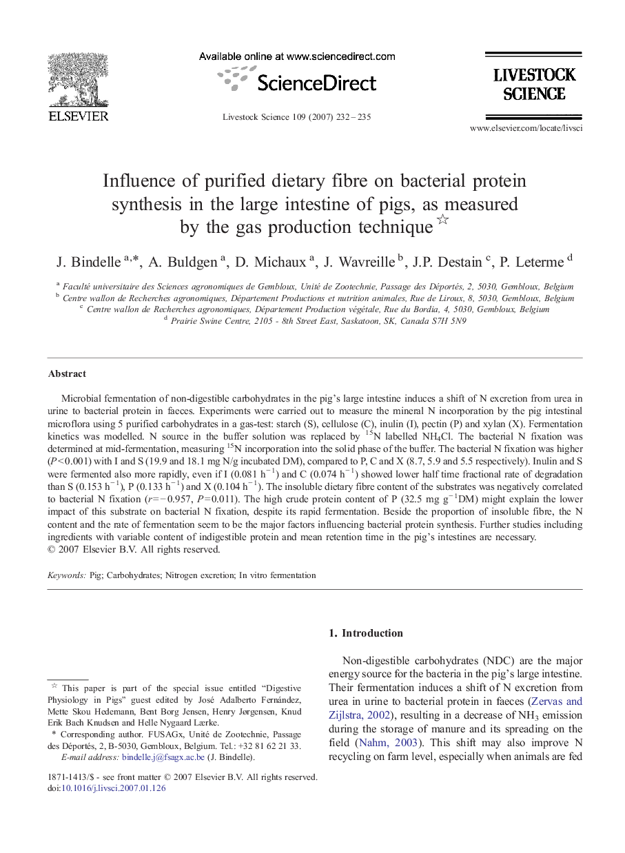 Influence of purified dietary fibre on bacterial protein synthesis in the large intestine of pigs, as measured by the gas production technique 