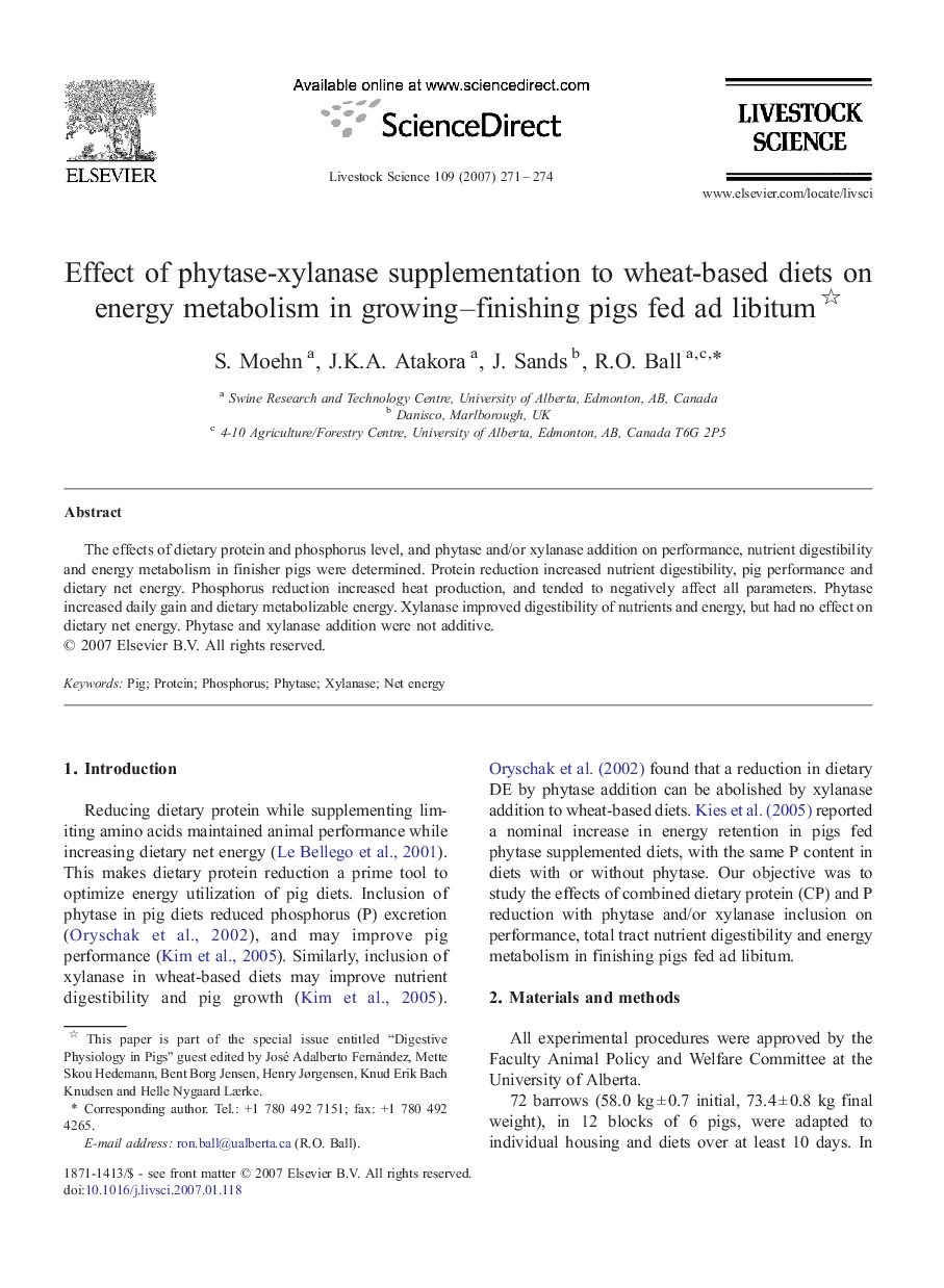 Effect of phytase-xylanase supplementation to wheat-based diets on energy metabolism in growing–finishing pigs fed ad libitum 