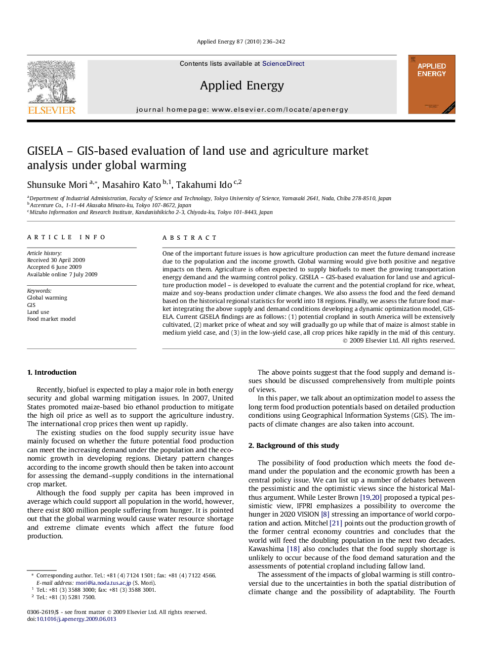 GISELA – GIS-based evaluation of land use and agriculture market analysis under global warming