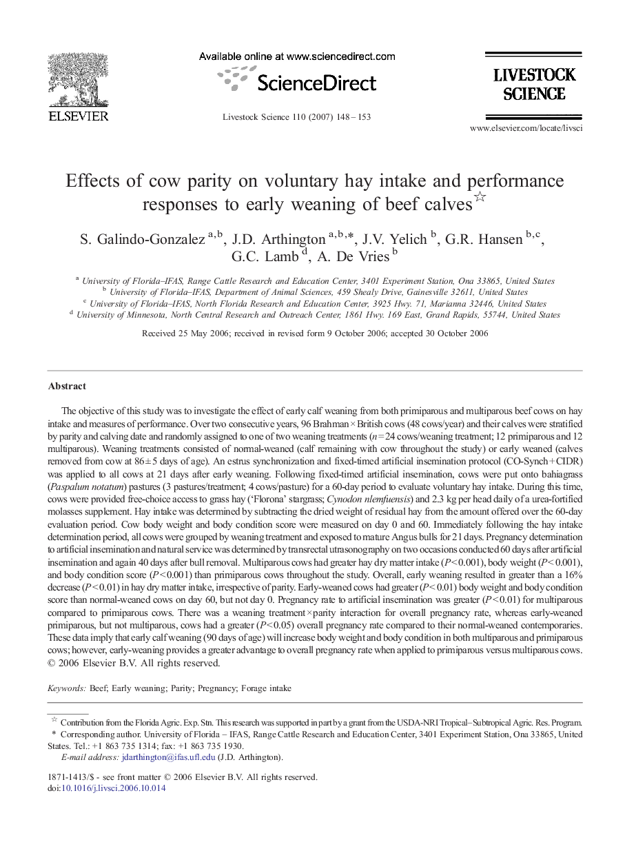 Effects of cow parity on voluntary hay intake and performance responses to early weaning of beef calves 