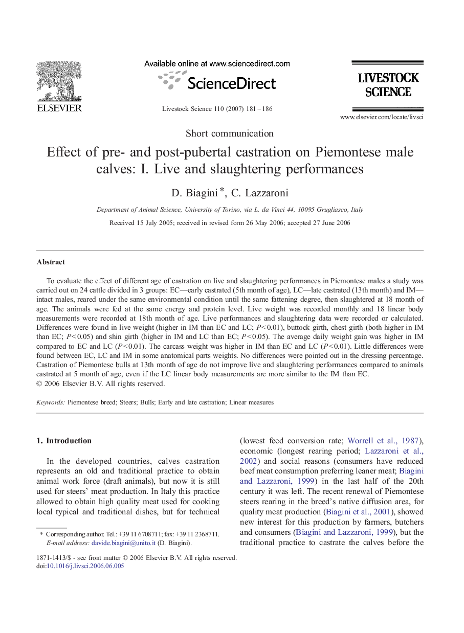 Effect of pre- and post-pubertal castration on Piemontese male calves: I. Live and slaughtering performances