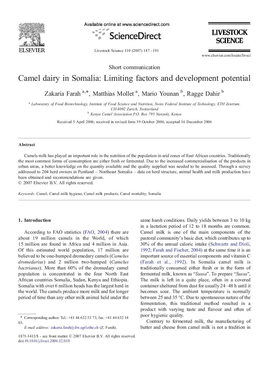 Camel dairy in Somalia: Limiting factors and development potential