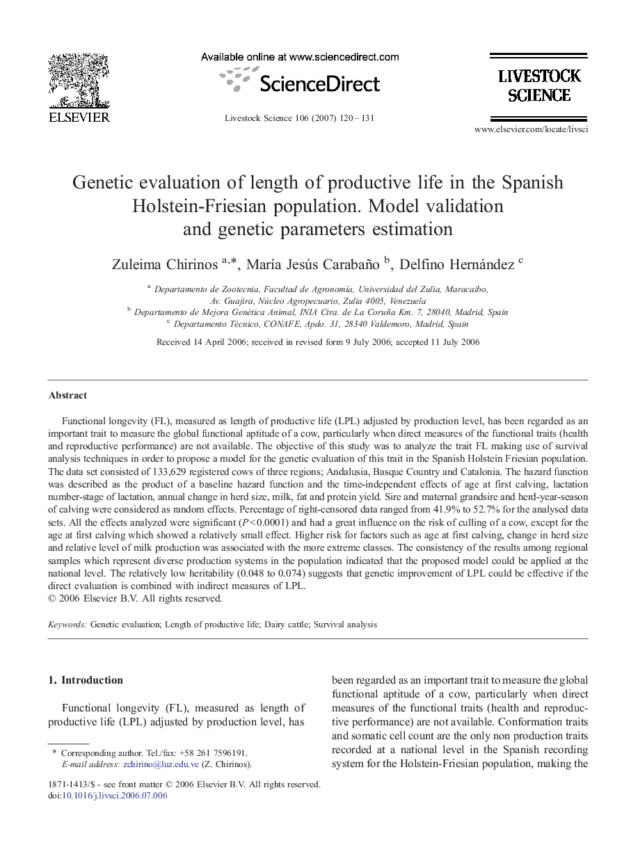 Genetic evaluation of length of productive life in the Spanish Holstein-Friesian population. Model validation and genetic parameters estimation