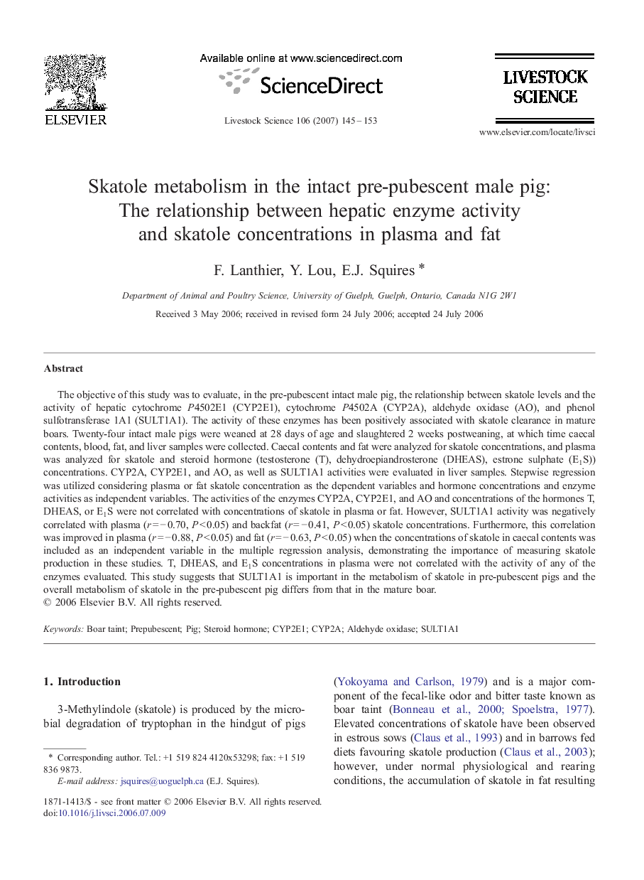 Skatole metabolism in the intact pre-pubescent male pig: The relationship between hepatic enzyme activity and skatole concentrations in plasma and fat