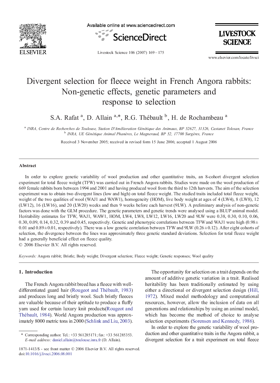 Divergent selection for fleece weight in French Angora rabbits: Non-genetic effects, genetic parameters and response to selection
