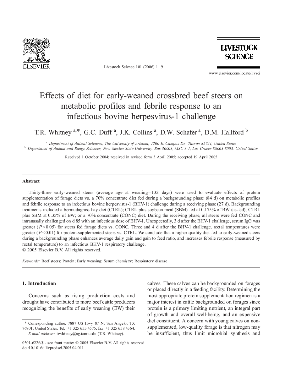 Effects of diet for early-weaned crossbred beef steers on metabolic profiles and febrile response to an infectious bovine herpesvirus-1 challenge