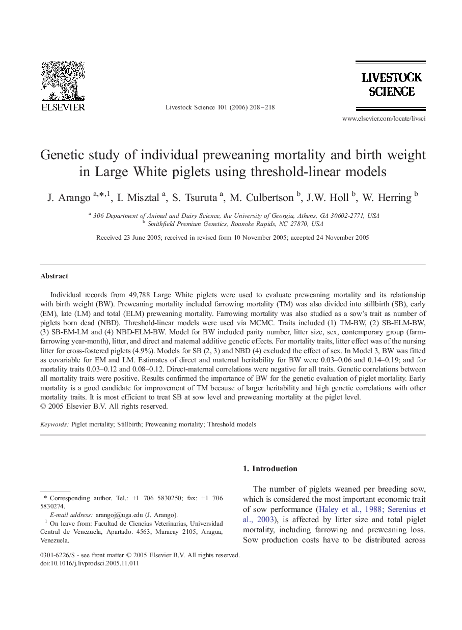 Genetic study of individual preweaning mortality and birth weight in Large White piglets using threshold-linear models