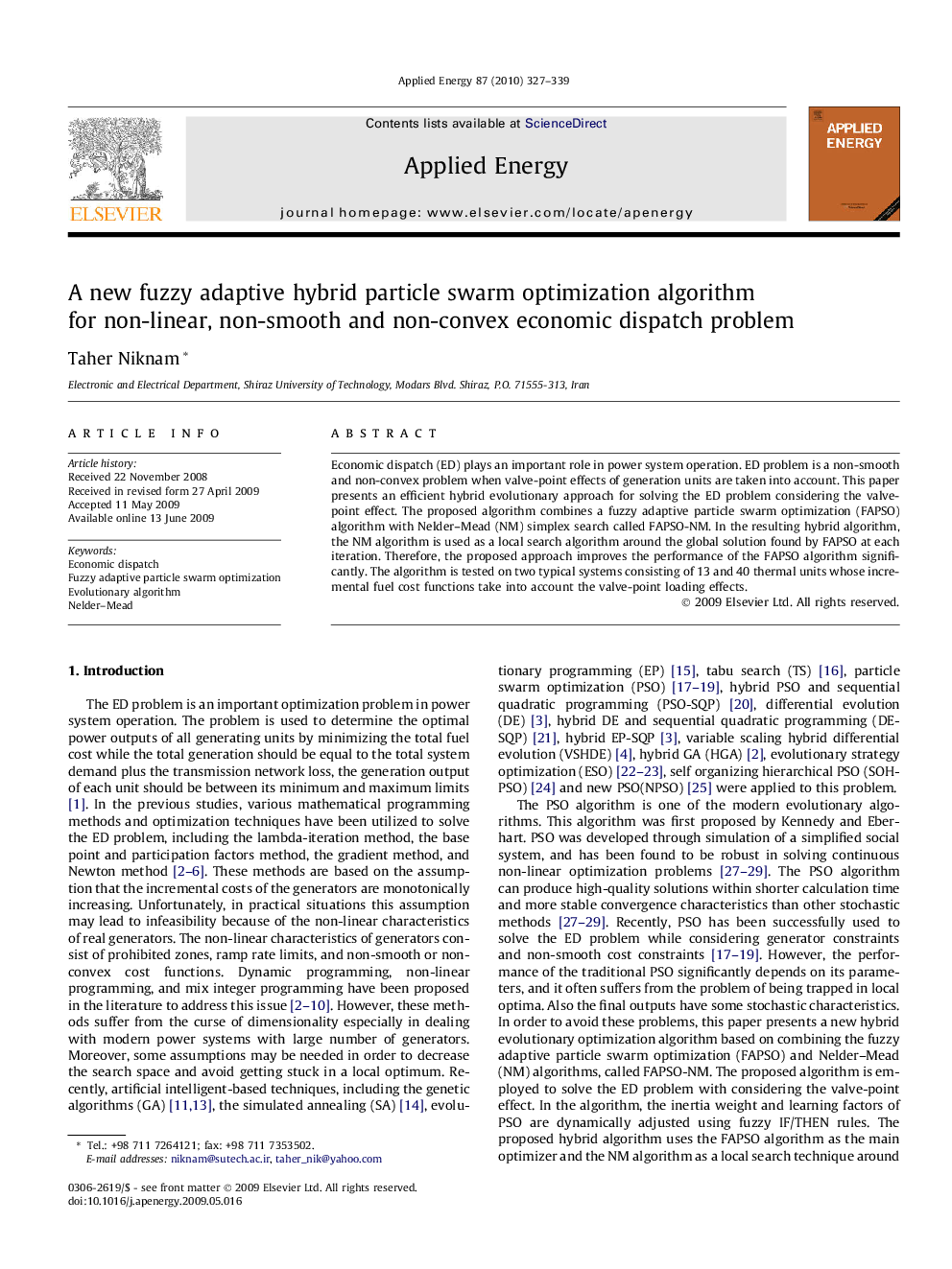 A new fuzzy adaptive hybrid particle swarm optimization algorithm for non-linear, non-smooth and non-convex economic dispatch problem