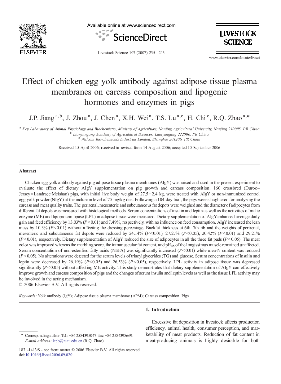 Effect of chicken egg yolk antibody against adipose tissue plasma membranes on carcass composition and lipogenic hormones and enzymes in pigs