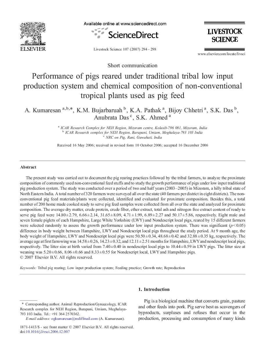 Performance of pigs reared under traditional tribal low input production system and chemical composition of non-conventional tropical plants used as pig feed