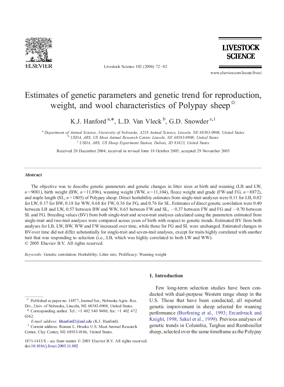 Estimates of genetic parameters and genetic trend for reproduction, weight, and wool characteristics of Polypay sheep 