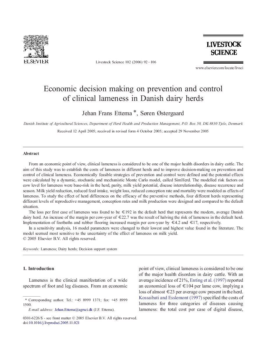 Economic decision making on prevention and control of clinical lameness in Danish dairy herds