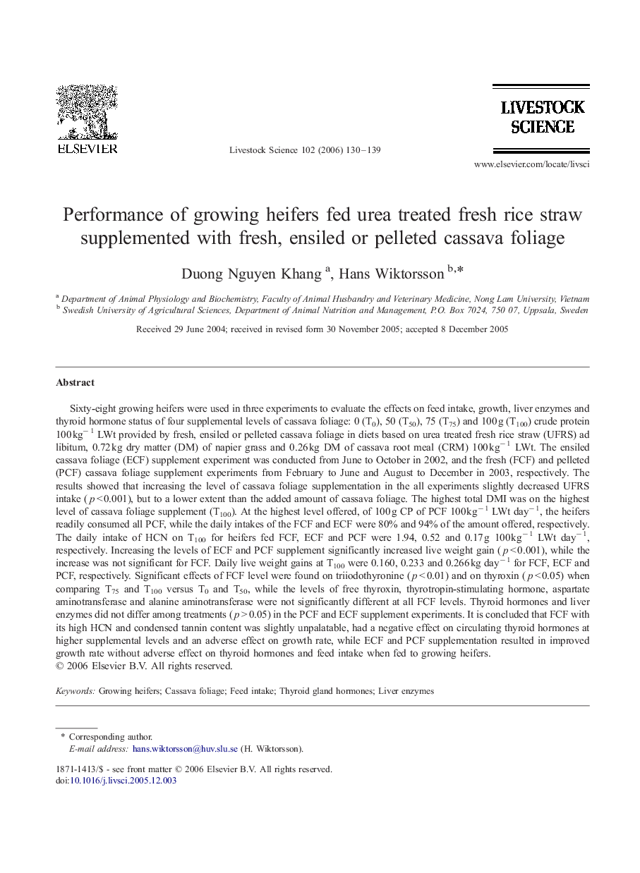 Performance of growing heifers fed urea treated fresh rice straw supplemented with fresh, ensiled or pelleted cassava foliage