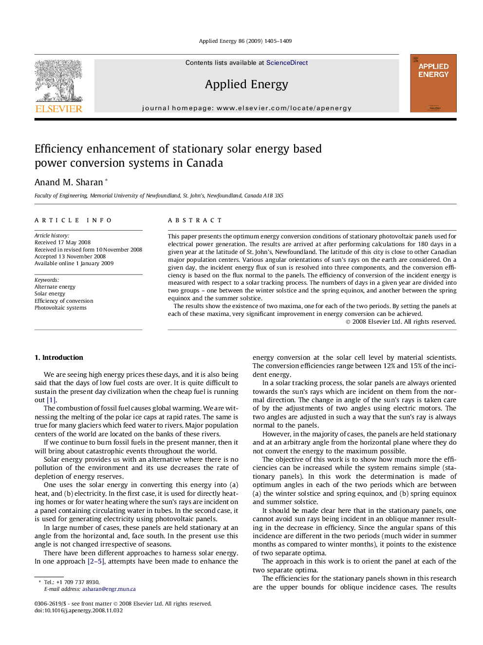 Efficiency enhancement of stationary solar energy based power conversion systems in Canada