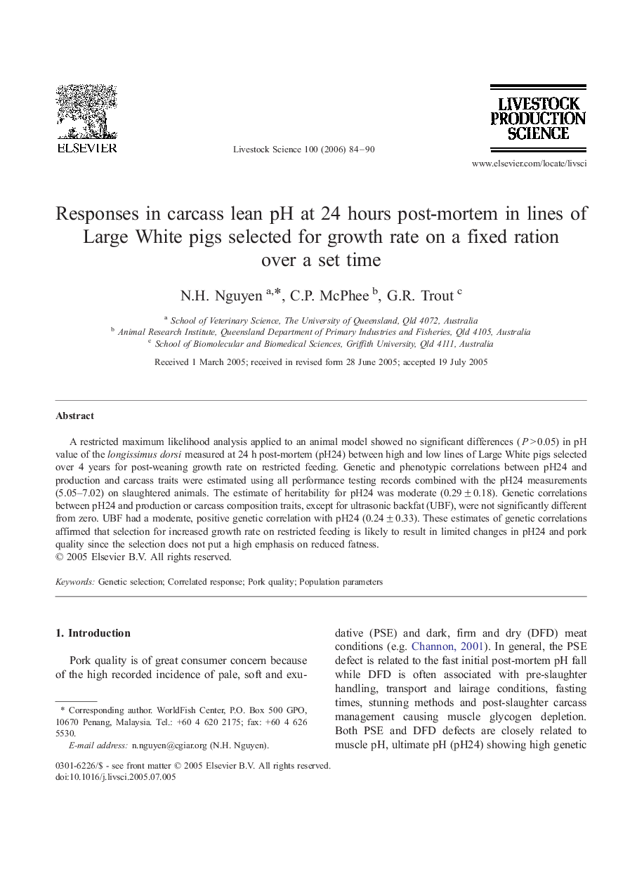 Responses in carcass lean pH at 24 hours post-mortem in lines of Large White pigs selected for growth rate on a fixed ration over a set time