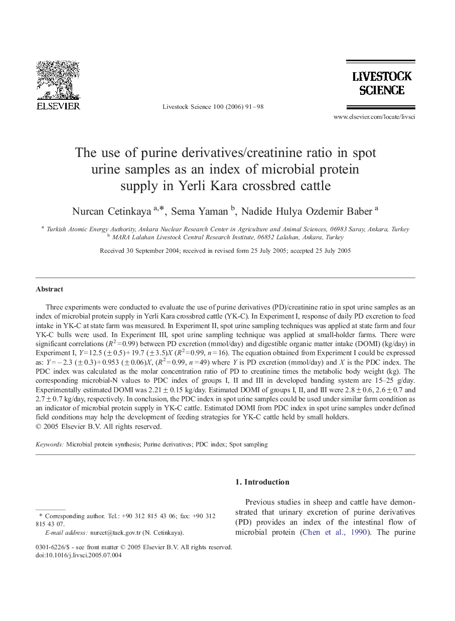 The use of purine derivatives/creatinine ratio in spot urine samples as an index of microbial protein supply in Yerli Kara crossbred cattle