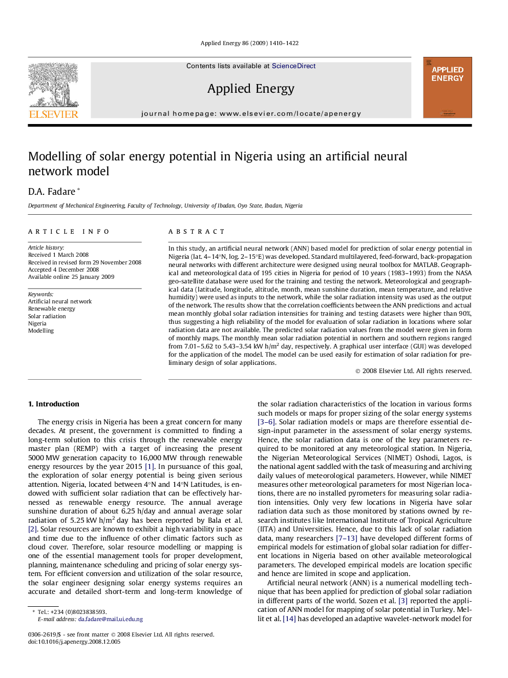 Modelling of solar energy potential in Nigeria using an artificial neural network model