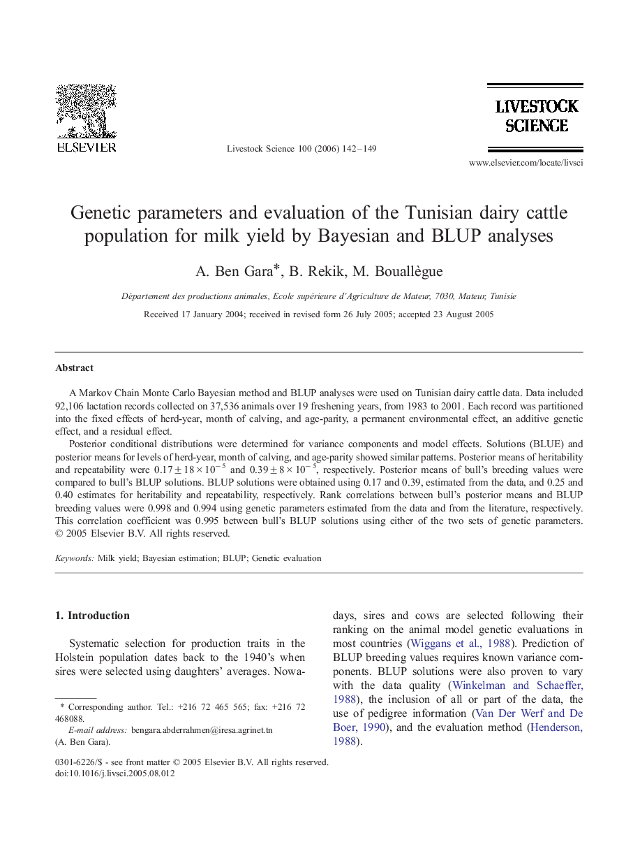 Genetic parameters and evaluation of the Tunisian dairy cattle population for milk yield by Bayesian and BLUP analyses