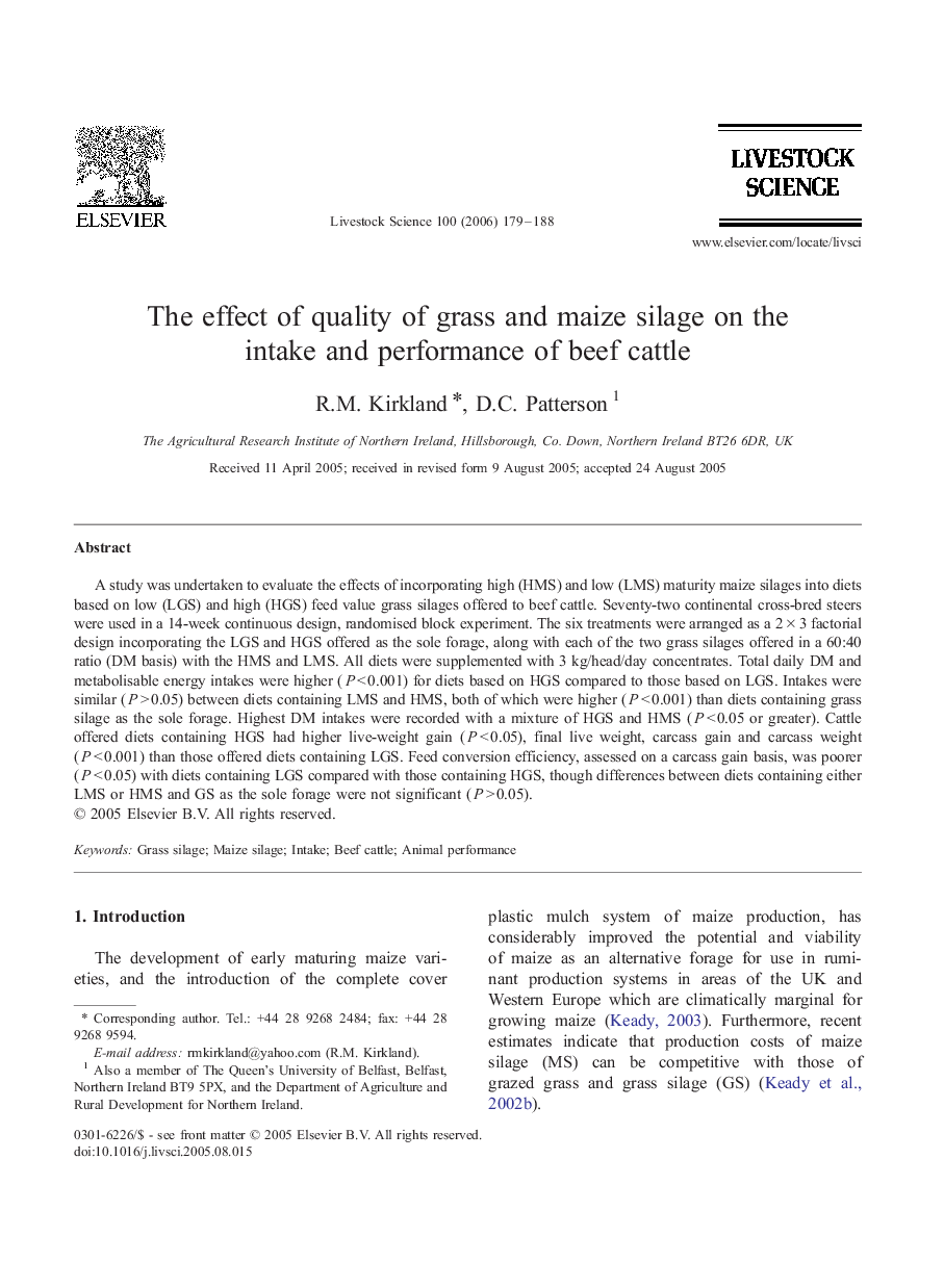 The effect of quality of grass and maize silage on the intake and performance of beef cattle