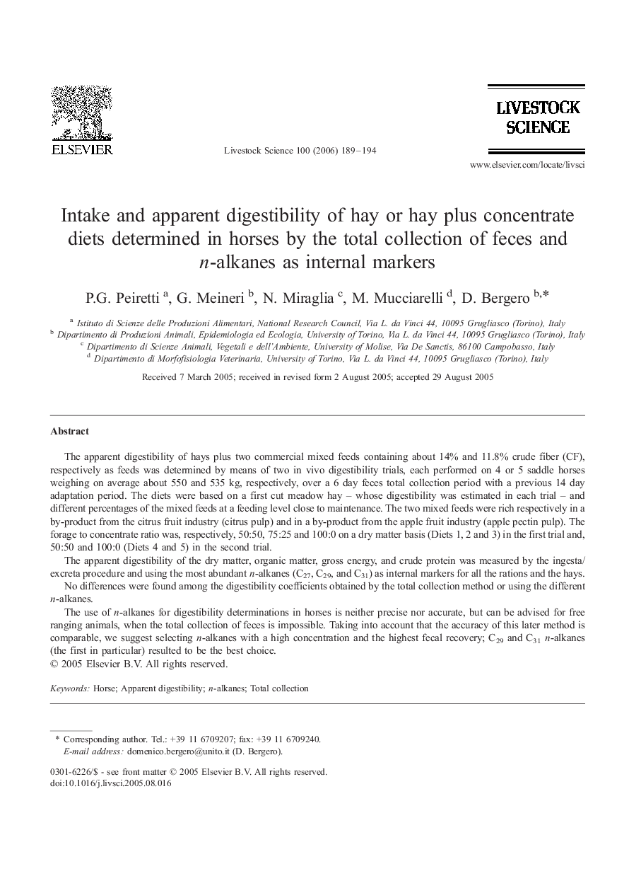 Intake and apparent digestibility of hay or hay plus concentrate diets determined in horses by the total collection of feces and n-alkanes as internal markers