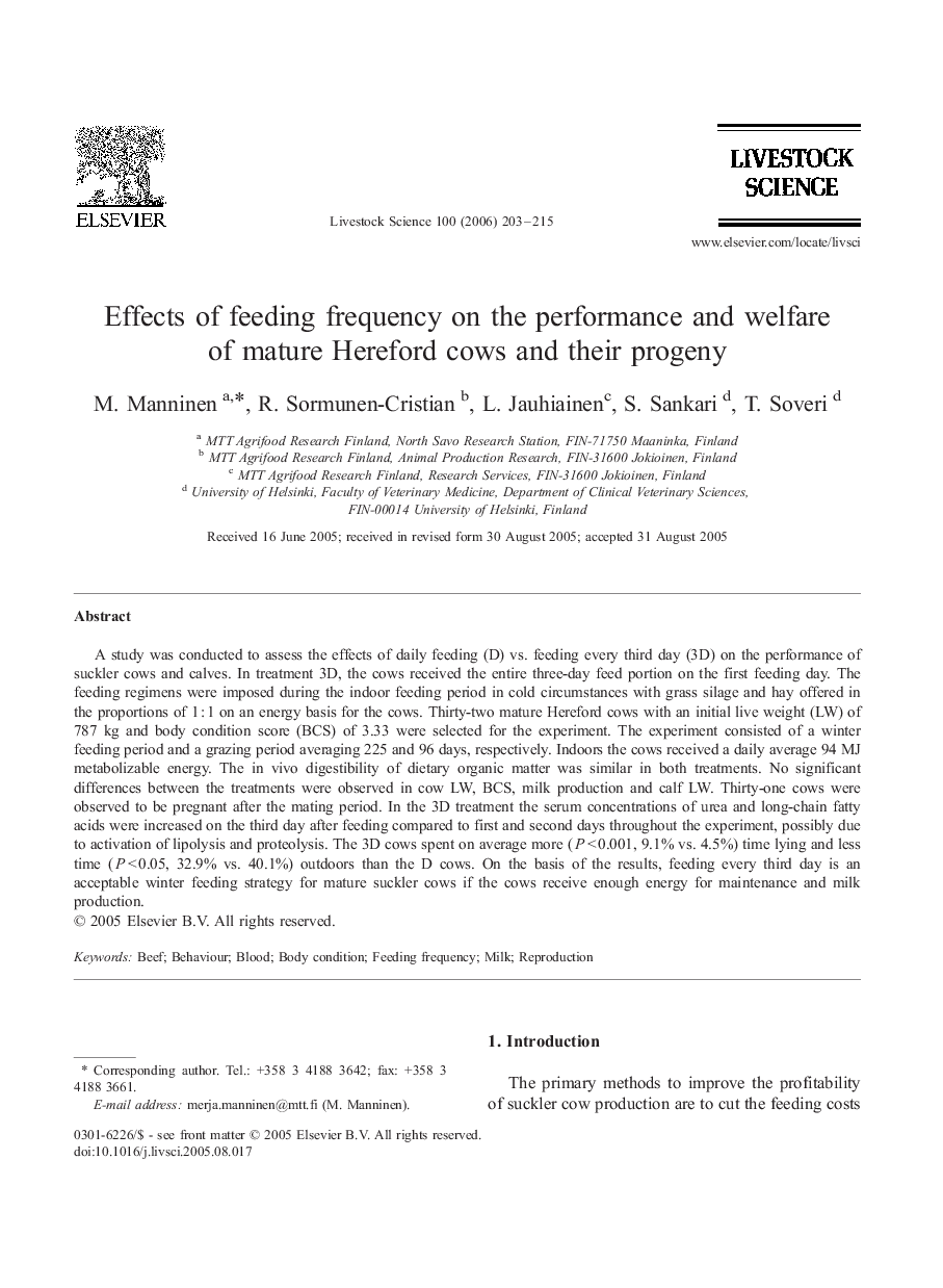 Effects of feeding frequency on the performance and welfare of mature Hereford cows and their progeny