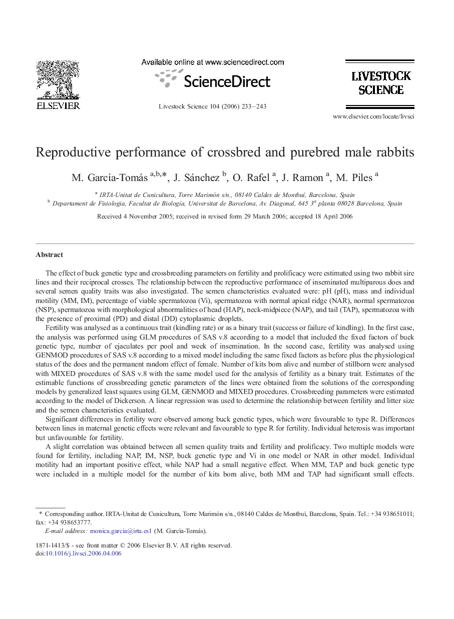 Reproductive performance of crossbred and purebred male rabbits