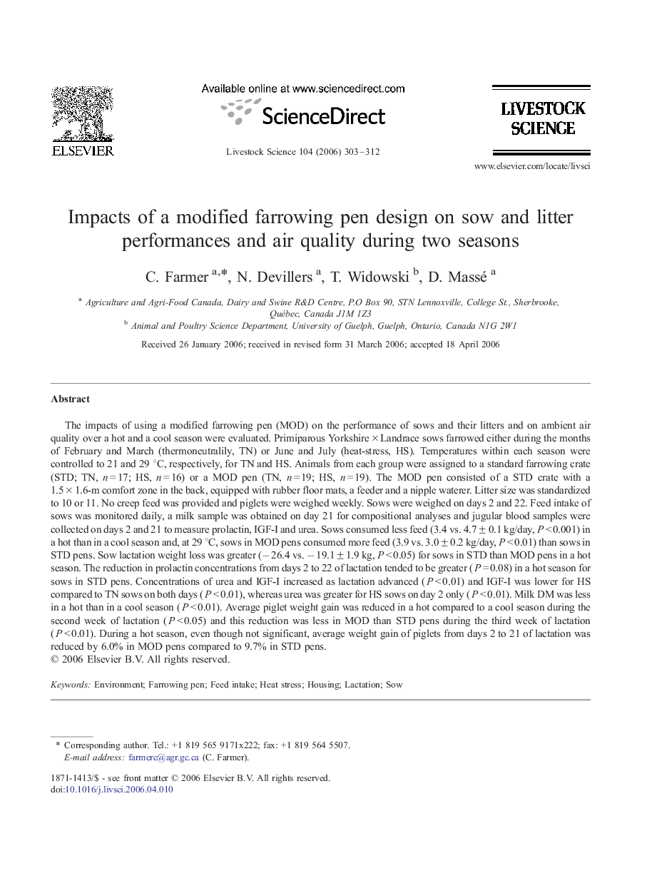 Impacts of a modified farrowing pen design on sow and litter performances and air quality during two seasons