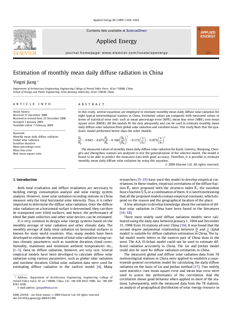 Estimation of monthly mean daily diffuse radiation in China