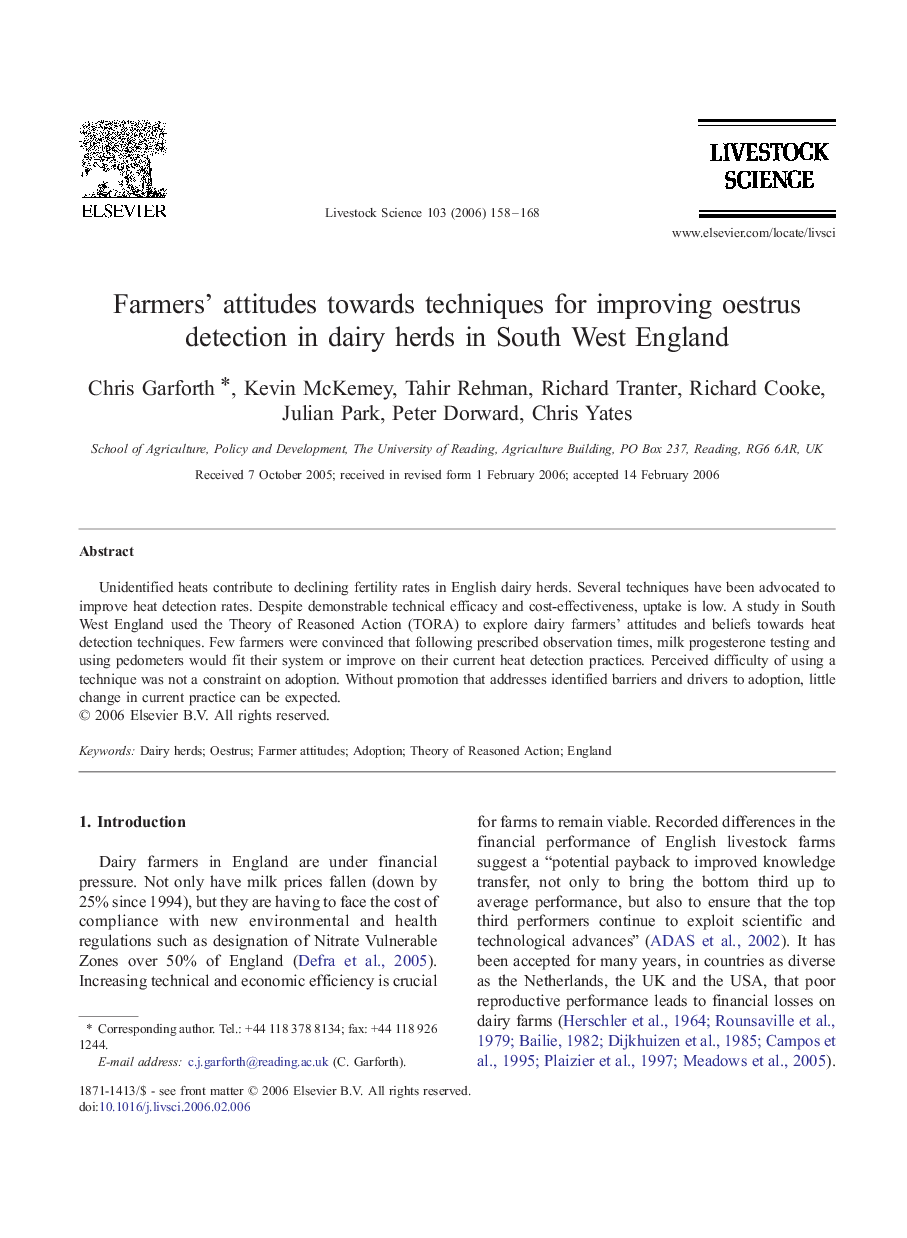 Farmers' attitudes towards techniques for improving oestrus detection in dairy herds in South West England