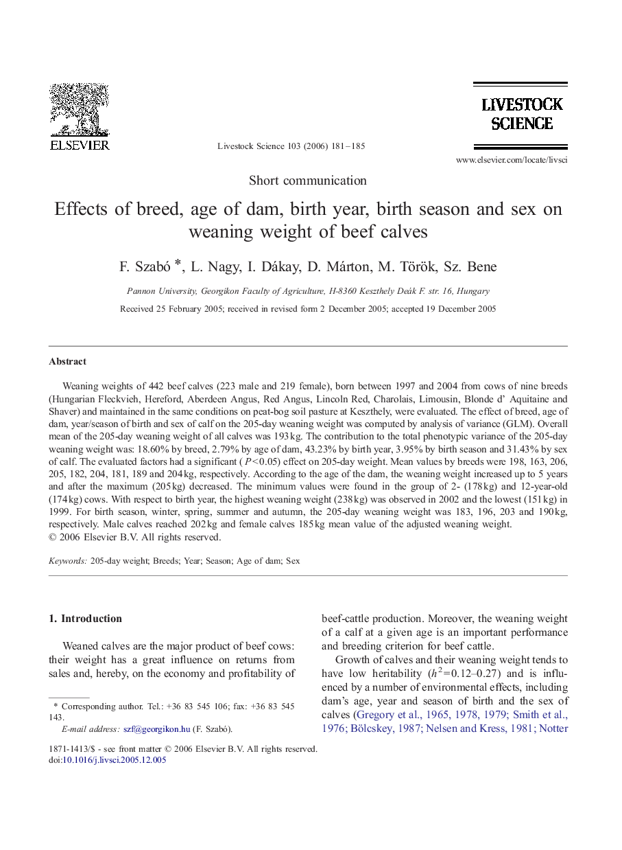 Effects of breed, age of dam, birth year, birth season and sex on weaning weight of beef calves