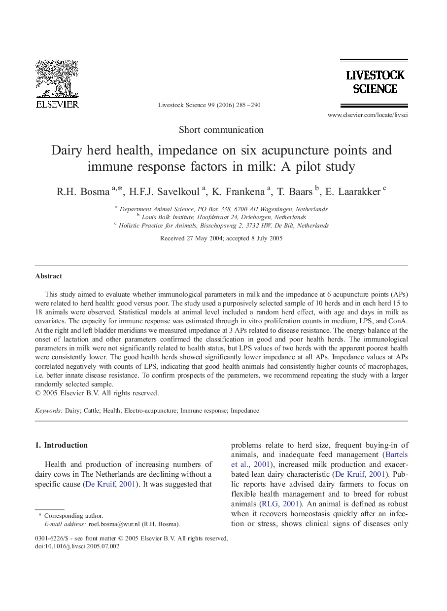 Dairy herd health, impedance on six acupuncture points and immune response factors in milk: A pilot study