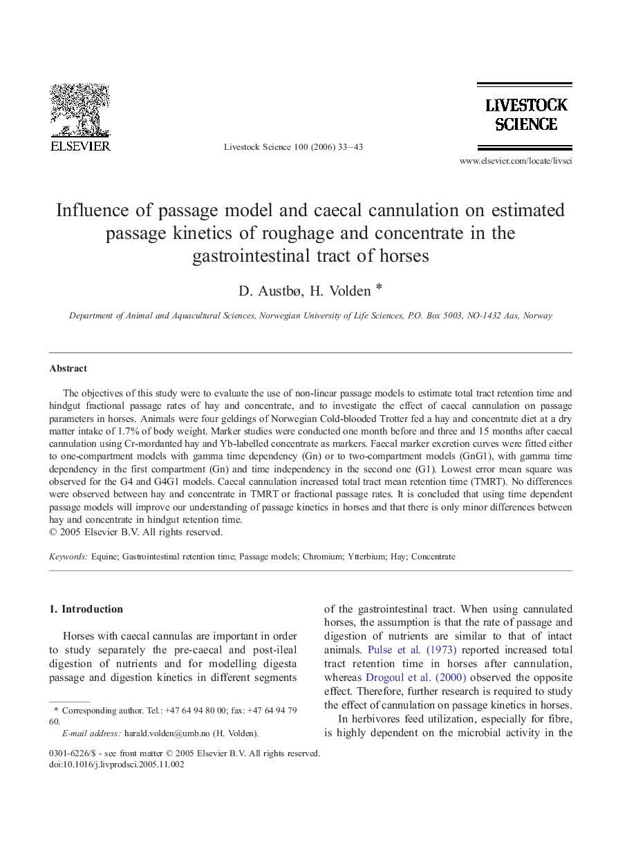 Influence of passage model and caecal cannulation on estimated passage kinetics of roughage and concentrate in the gastrointestinal tract of horses