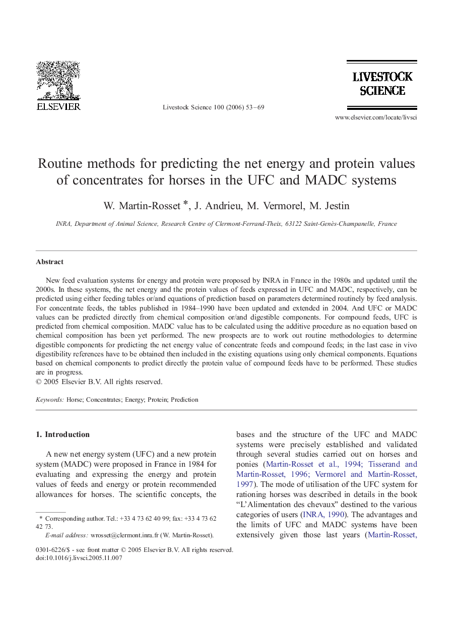 Routine methods for predicting the net energy and protein values of concentrates for horses in the UFC and MADC systems