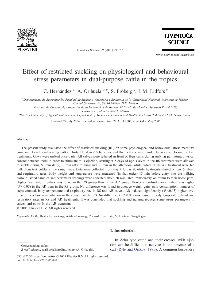 Effect of restricted suckling on physiological and behavioural stress parameters in dual-purpose cattle in the tropics