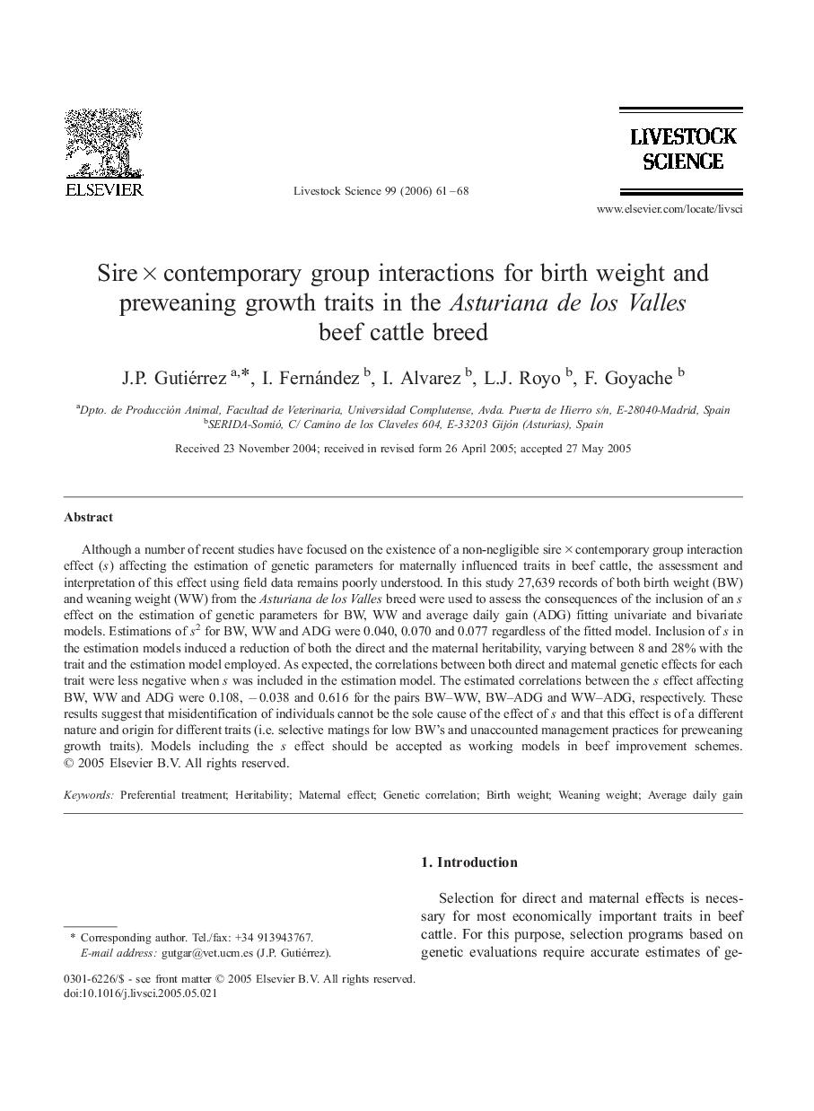 Sire × contemporary group interactions for birth weight and preweaning growth traits in the Asturiana de los Valles beef cattle breed