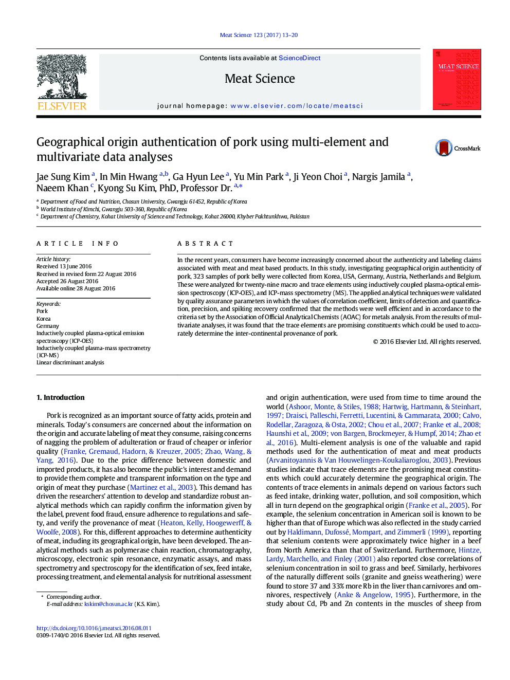 Geographical origin authentication of pork using multi-element and multivariate data analyses