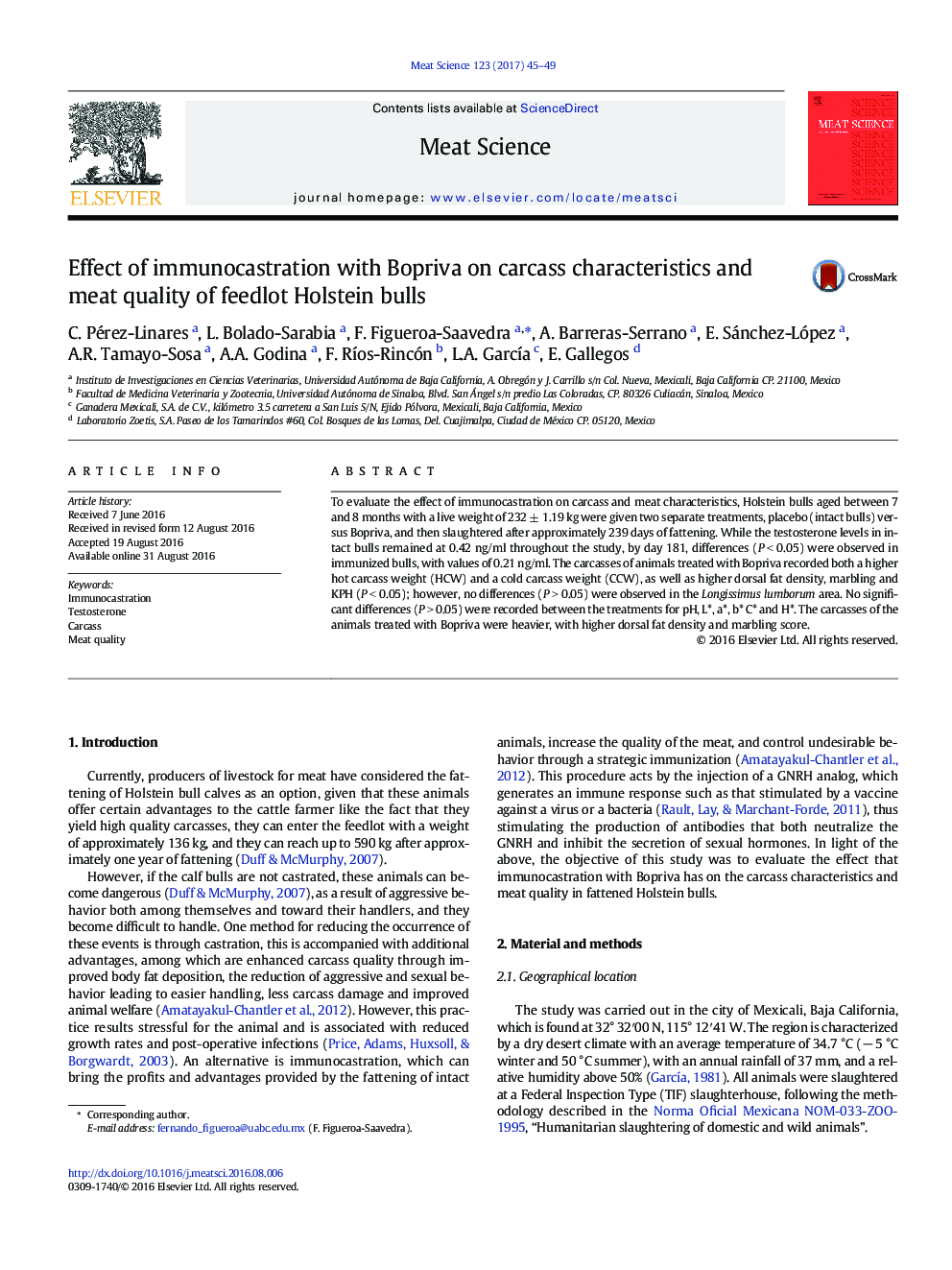 Effect of immunocastration with Bopriva on carcass characteristics and meat quality of feedlot Holstein bulls