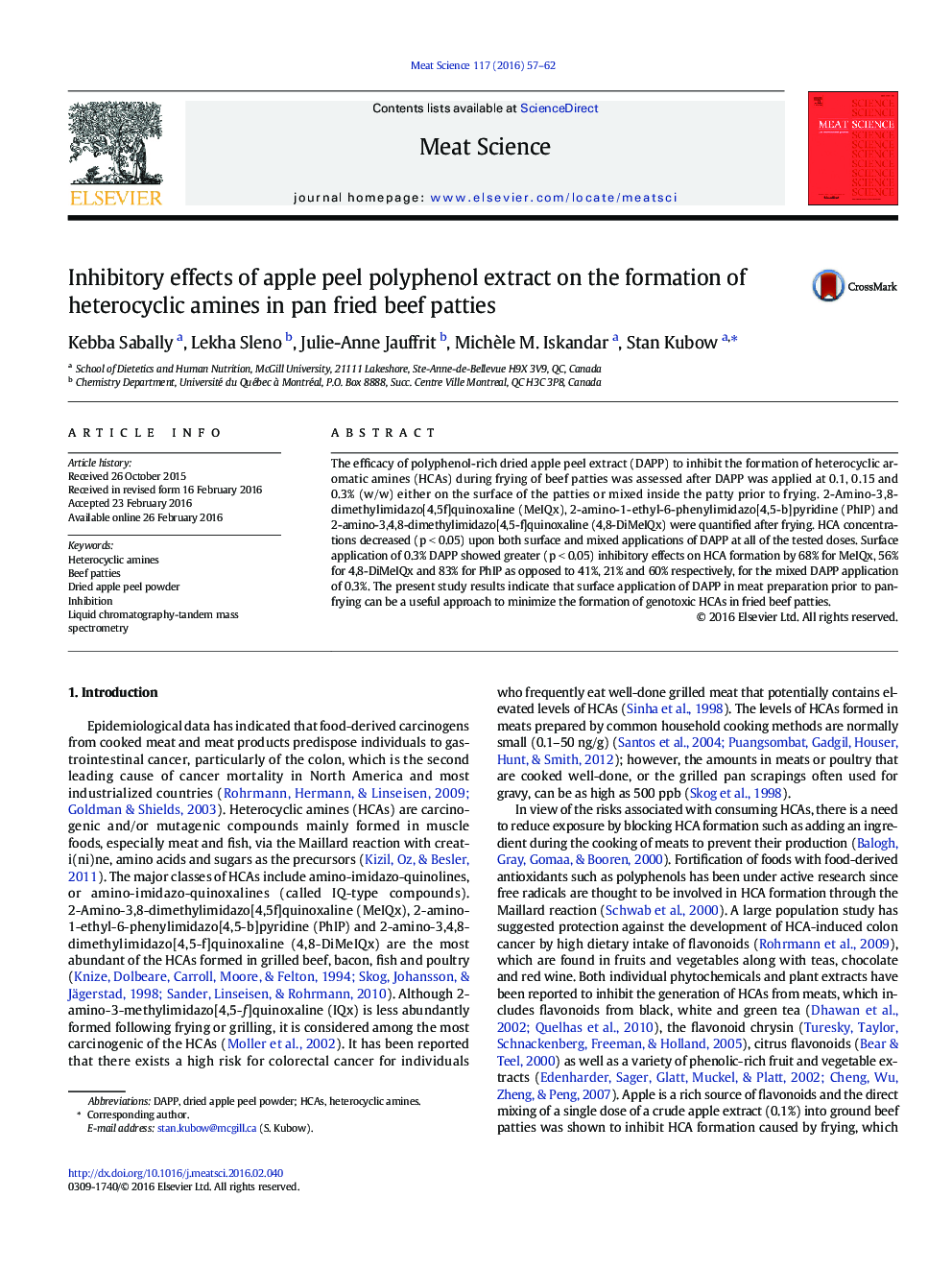 Inhibitory effects of apple peel polyphenol extract on the formation of heterocyclic amines in pan fried beef patties