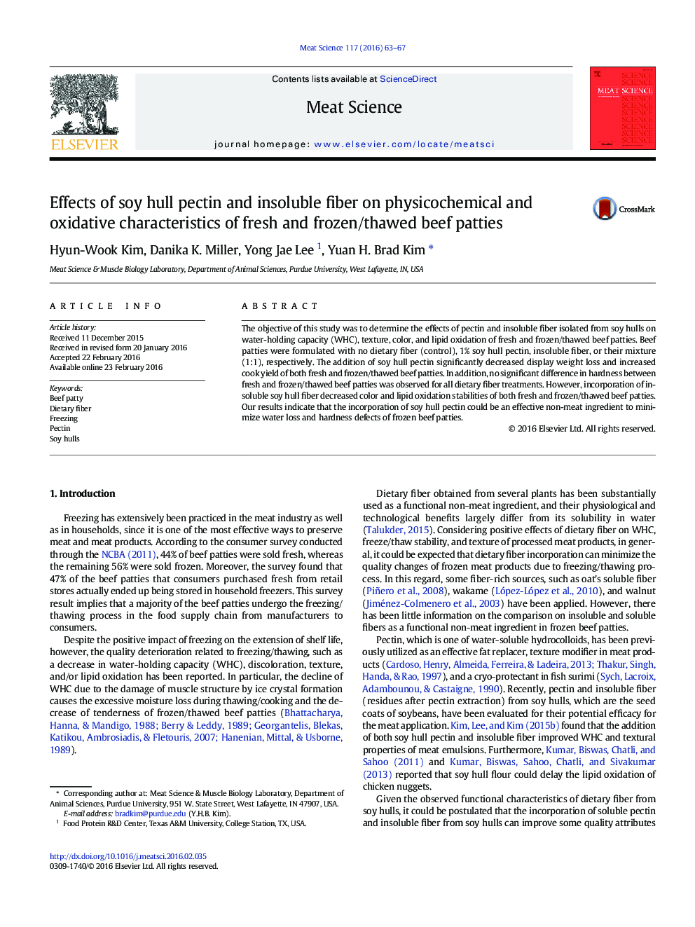 Effects of soy hull pectin and insoluble fiber on physicochemical and oxidative characteristics of fresh and frozen/thawed beef patties