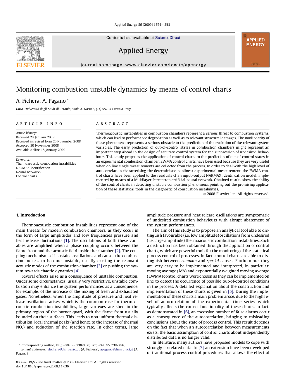 Monitoring combustion unstable dynamics by means of control charts