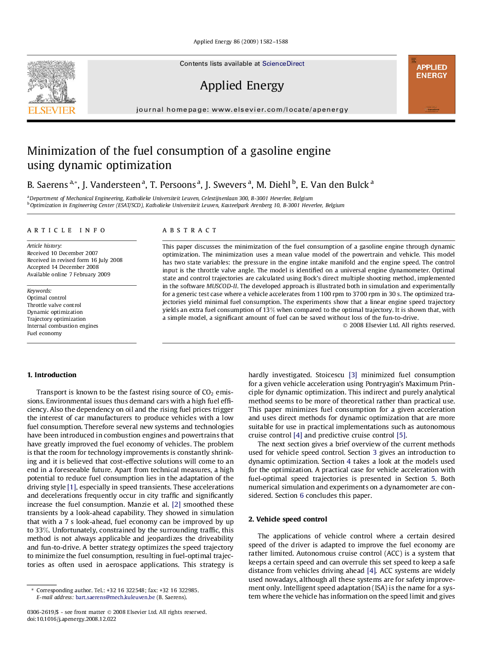 Minimization of the fuel consumption of a gasoline engine using dynamic optimization