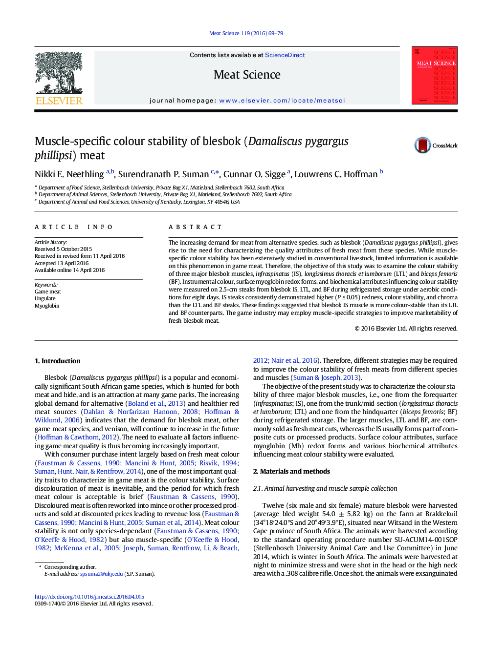 Muscle-specific colour stability of blesbok (Damaliscus pygargus phillipsi) meat