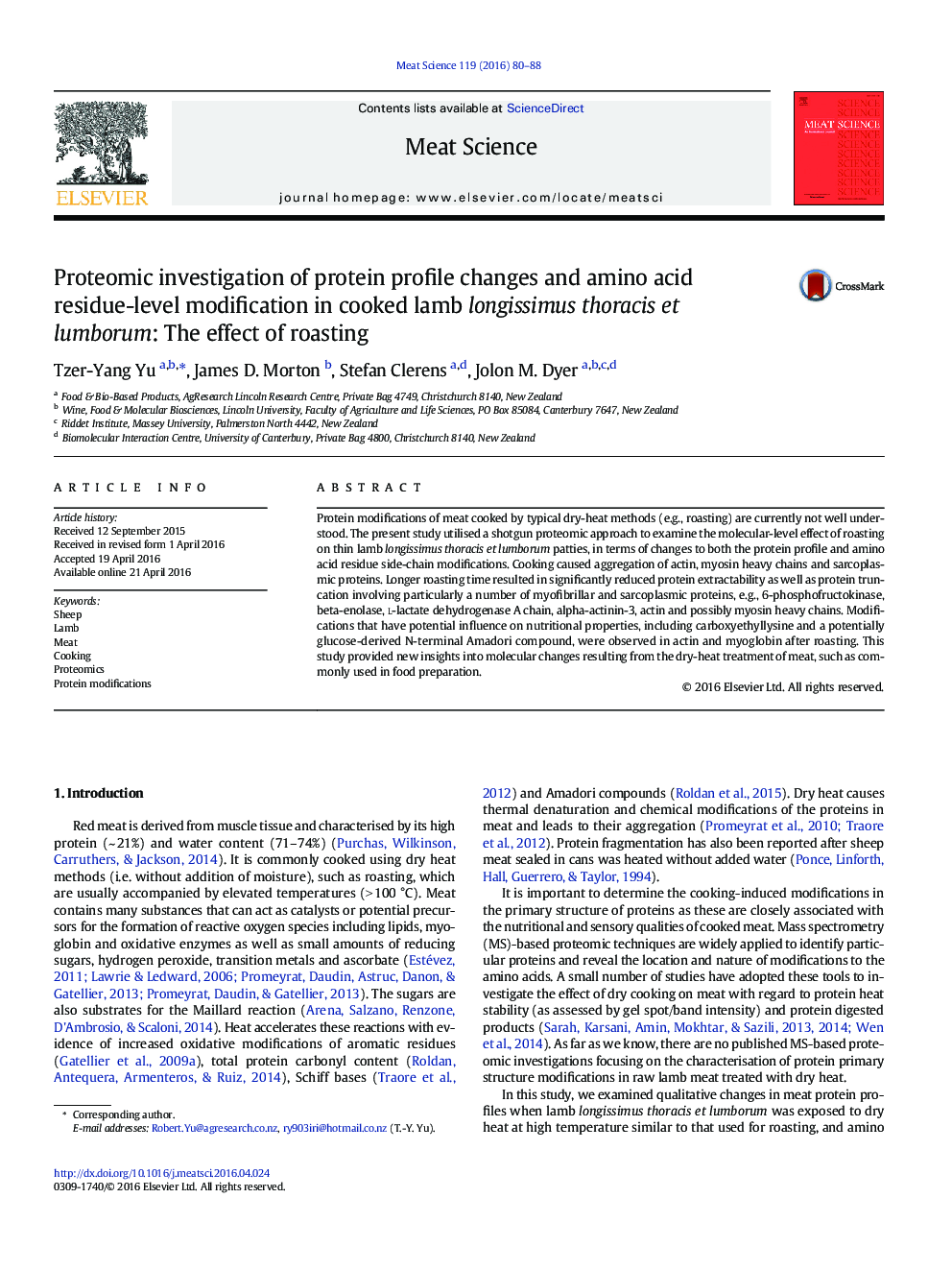 Proteomic investigation of protein profile changes and amino acid residue-level modification in cooked lamb longissimus thoracis et lumborum: The effect of roasting