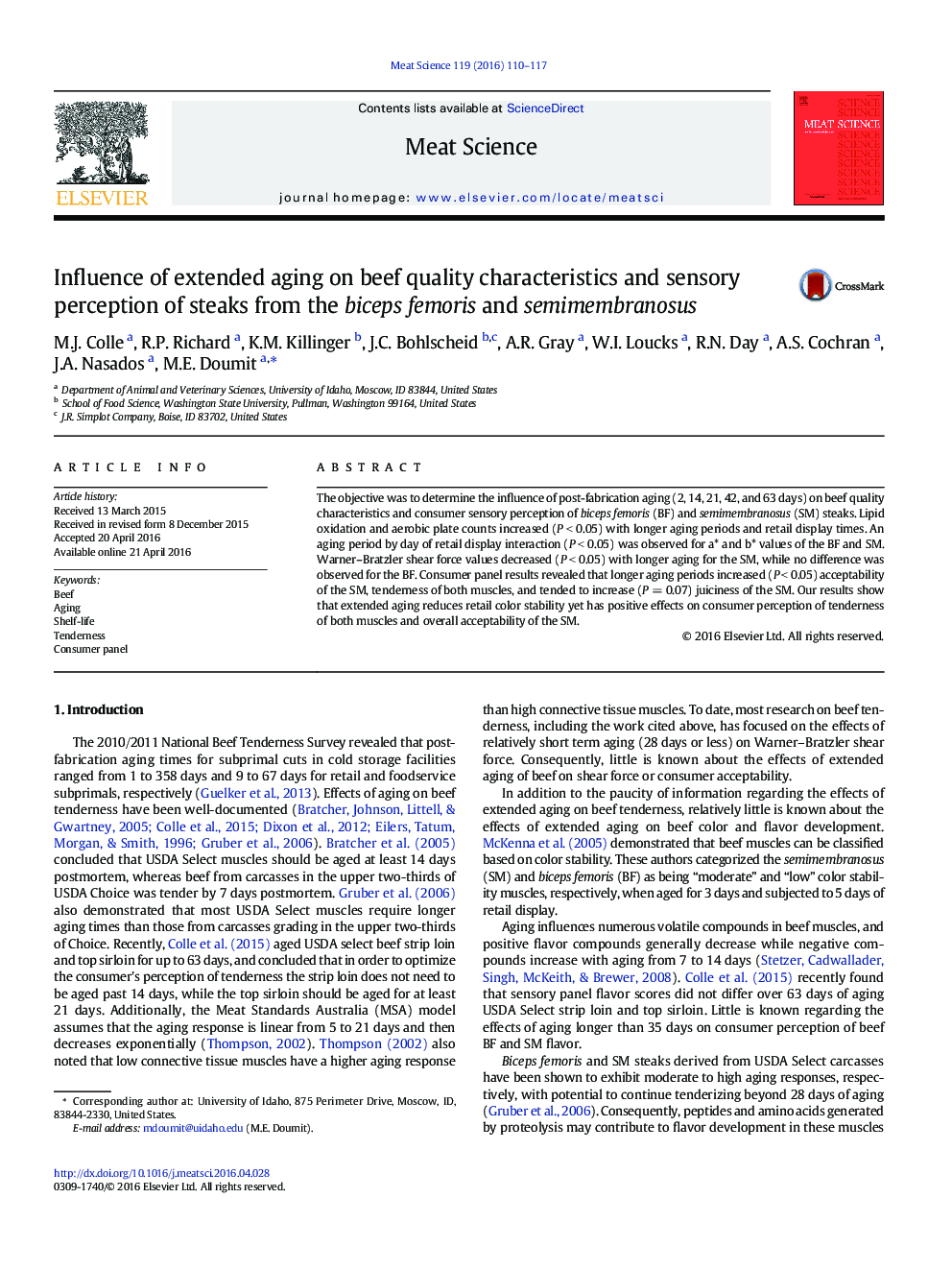 Influence of extended aging on beef quality characteristics and sensory perception of steaks from the biceps femoris and semimembranosus