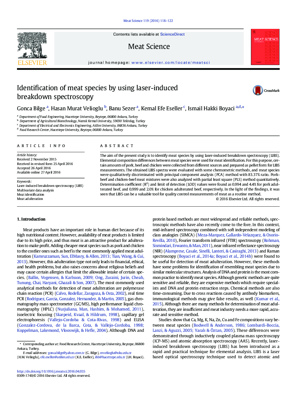 Identification of meat species by using laser-induced breakdown spectroscopy