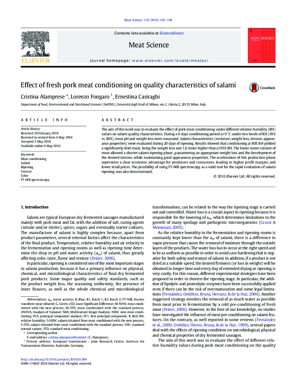 Effect of fresh pork meat conditioning on quality characteristics of salami