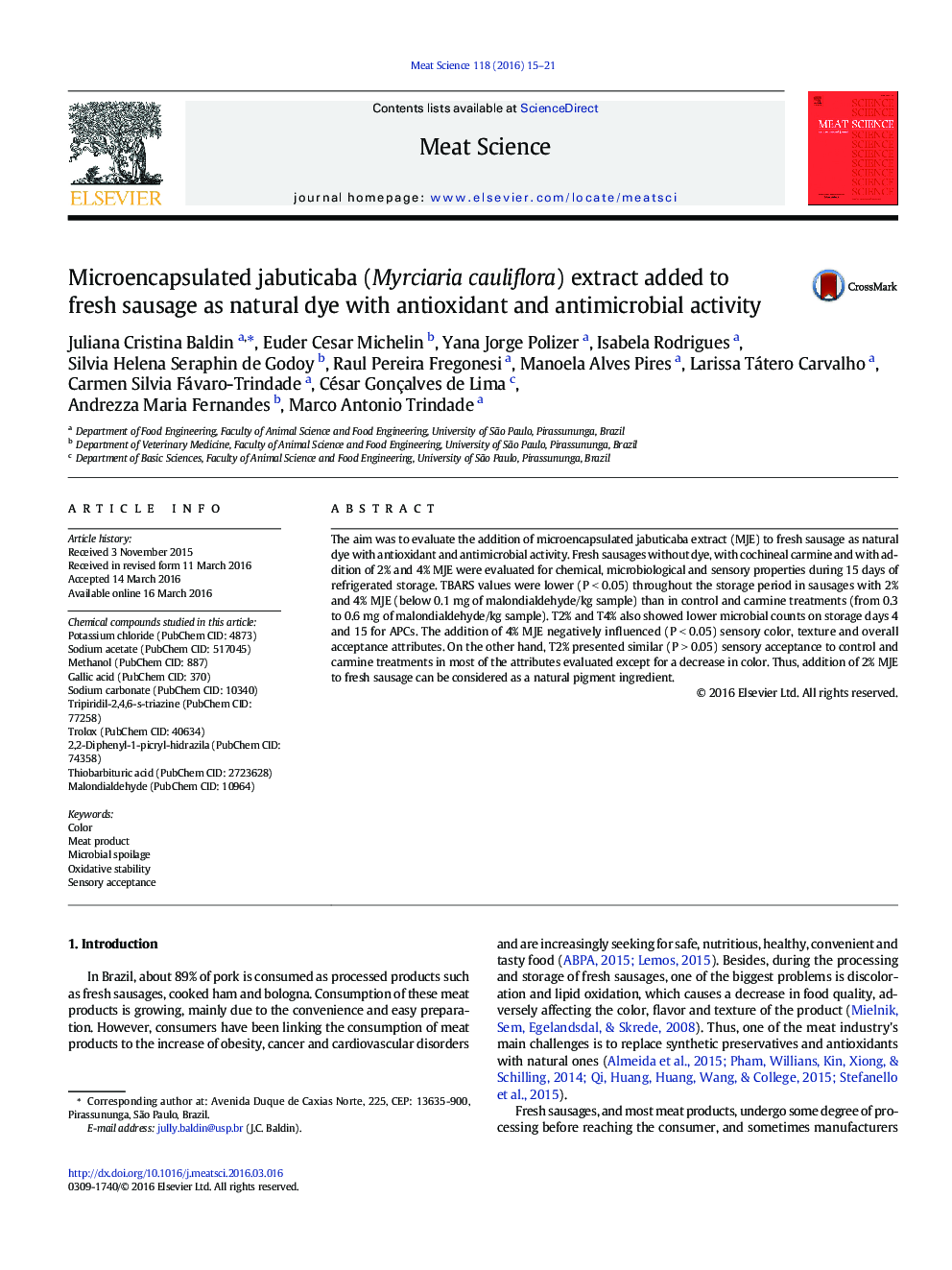 Microencapsulated jabuticaba (Myrciaria cauliflora) extract added to fresh sausage as natural dye with antioxidant and antimicrobial activity