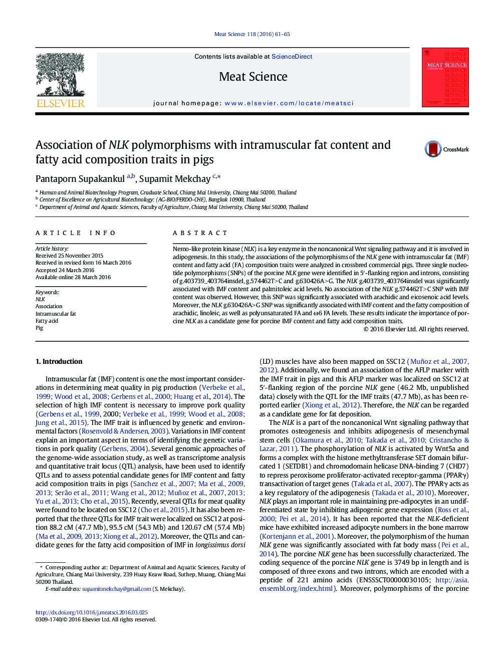 Association of NLK polymorphisms with intramuscular fat content and fatty acid composition traits in pigs